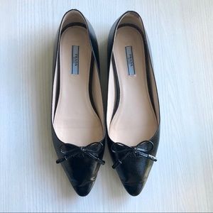 Prada Black Saffiano Leather Bow Pointed Toe Flats